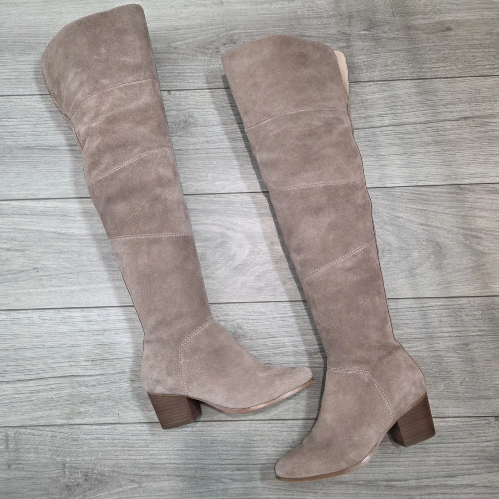 Sole Society Taupe Boots 7 Suede Over the Knee Boho Block Heel Tall Quiet Luxury